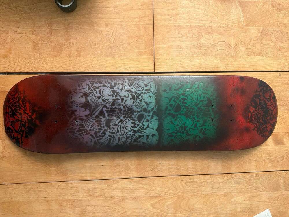 All Over Skull Print Skateboard Deck Red/Green/Grey airbrush reclaimed